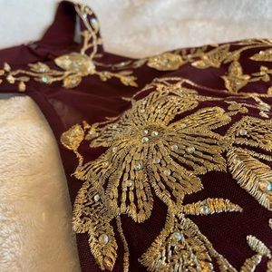 Elegant Mauve Halter Evening Gown w/ Gold Embroidery and Sequin Detailing✨